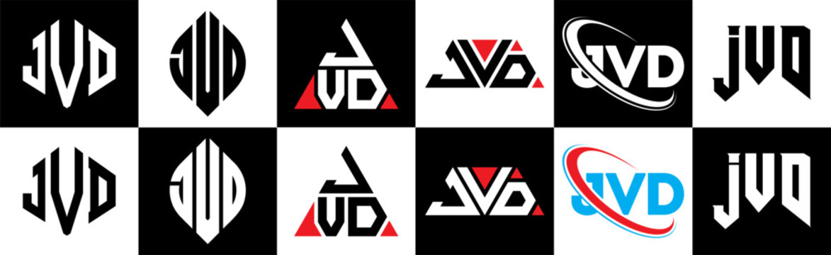 JVD letter logo design in six style. JVD polygon, circle, triangle, hexagon, flat and simple style with black and white color variation letter logo set in one artboard. JVD minimalist and classic logo