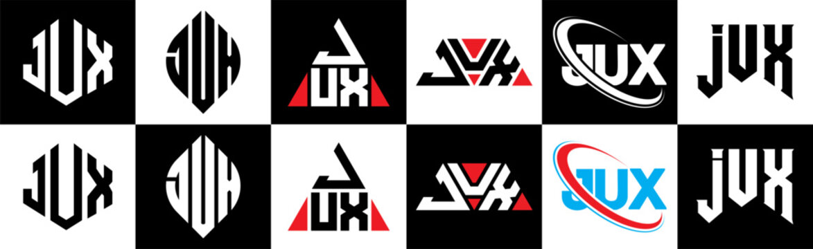JUX letter logo design in six style. JUX polygon, circle, triangle, hexagon, flat and simple style with black and white color variation letter logo set in one artboard. JUX minimalist and classic logo