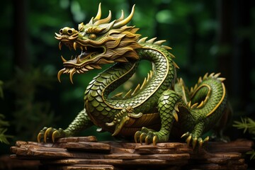 Green Dragon. Symbol of Happy Chinese New Year 2024 is Wooden dragon - obrazy, fototapety, plakaty