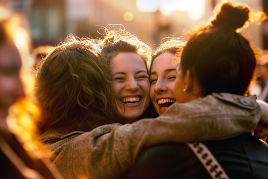 Pessoas felizes se abra&ccedil;ando, mostrando bem estar, uni&atilde;o e armonia social.