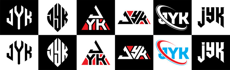 JYK letter logo design in six style. JYK polygon, circle, triangle, hexagon, flat and simple style with black and white color variation letter logo set in one artboard. JYK minimalist and classic logo
