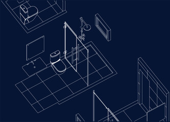 isometric bathroom and toilet design line drawing 3d illustration vector