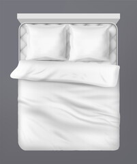 Bed top view. Fluffy pillow and blanket. White cotton linen. 3D bedding. Sleep comfort. Bedroom relaxation. Comfortable textile. Hypoallergenic duvet and soft cushions. Vector realistic home furniture