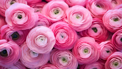 Fototapeta premium Pink ranunculus flowers as a background, top view, close up
