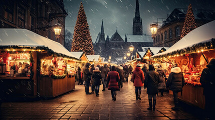 People walk at the Christmas market among fairy lights decorated with garlands on European streets. New Year, outdoor shopping malls.