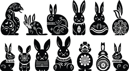 Chinese and Vietnamese Festival Rabbits: Oriental Style Lunar New Year Animals with Flower Ornaments, Mid-Autumn Bunny Silhouettes - obrazy, fototapety, plakaty
