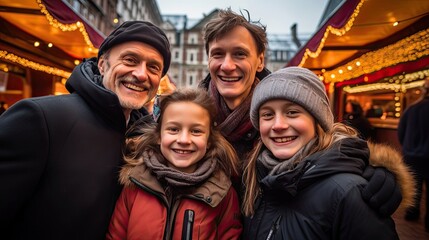A happy family at a Christmas market, a portrait of people walking in festive fairy lights. New Year, outdoor shopping malls