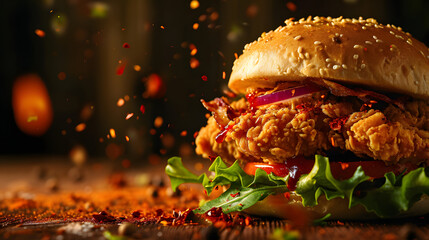 fresh crispy fried chicken burger sandwich with flying ingredients and spices 
hot ready to serve and eat food commercial advertisement menu banner with copy space area - obrazy, fototapety, plakaty