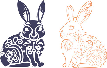 Chinese and Vietnamese Festival Rabbits: Oriental Style Lunar New Year Animals with Flower Ornaments, Mid-Autumn Bunny Silhouettes