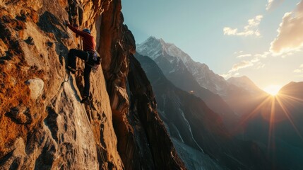 A fearless rock climber, scaling a steep cliff against the backdrop of rugged mountains in the Himalayas, bathed in the soft glow of sunrise - obrazy, fototapety, plakaty