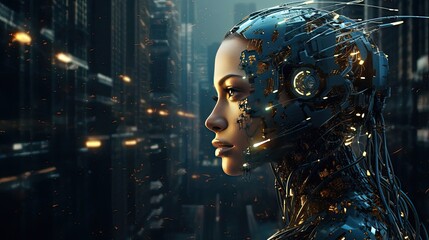 Modern female robot in an artificial intelligence image with wires and circuits on a digital background.