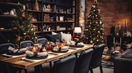 Festive Christmas table setting in a loft-style interior with a large window and a Christmas tree. New Year's Eve dinner, banquet for guests.