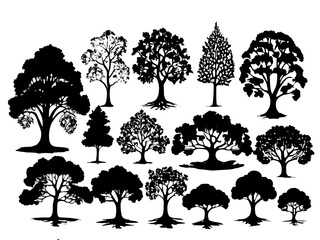 Creative silhouettes of decorative tree shapes with high contrast