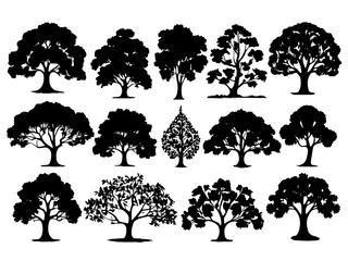  Artistic black silhouettes of decorative tree shapes on a white background