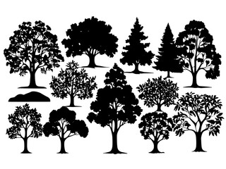 High contrast aesthetics: silhouettes of decorative tree shapes against a white background