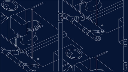 isometric bathroom and toilet design line drawing 3d illustration vector