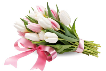 Bouquet of pink and white tulips with elegant ribbon on a transparent background - obrazy, fototapety, plakaty