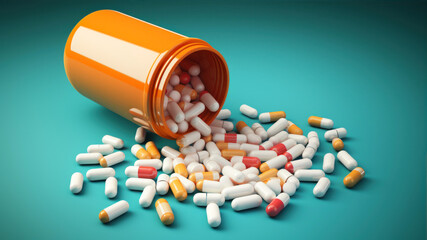 orange pill bottle with pills spilling out of it - Powered by Adobe