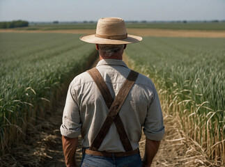 Fototapeta premium Backview of a farmer with hat, looking at his crops.