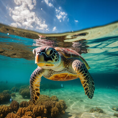 Green Sea Turtle swimming underwater in the ocean