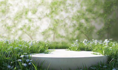 Fototapeta na wymiar White stone podium on green meadow with grass and flowers ready for product placement, freshness and natural product concepts