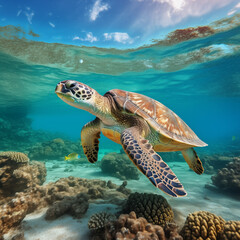 Obraz premium Green Sea Turtle swimming underwater in the ocean