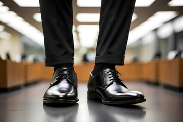 Black shoes of a businessman standing in an office room background, front view shot from below, generative AI