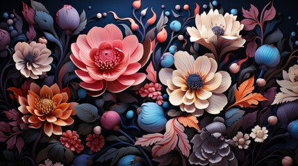 Decorative various flowers on a dark background in 3D art style. Floral pattern with dominance of orange and blue colors.