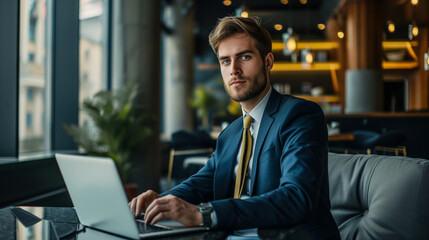 Fototapeta premium Young businessman with conquering attitude looking at the camera, while working with his laptop