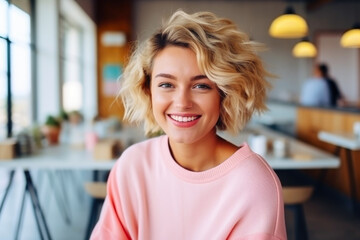 Smiling woman with a short blonde haircut indoors. The concept of casual beauty and happiness. - obrazy, fototapety, plakaty