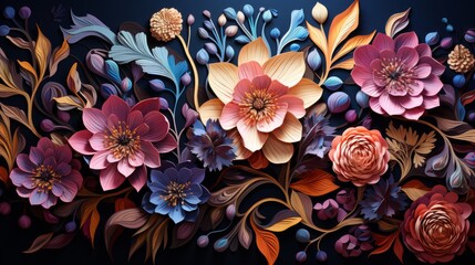 Decorative various flowers on a dark background in 3D art style. Floral pattern with dominance of orange and blue colors.