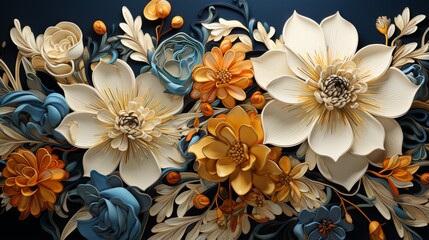 Decorative various flowers on a dark background in 3D art style. Floral pattern with dominance of orange and blue colors.