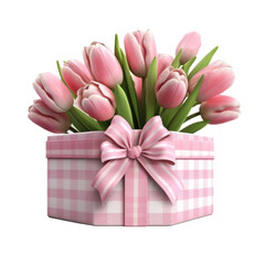 Pink tulips in checkered box on a transparent background