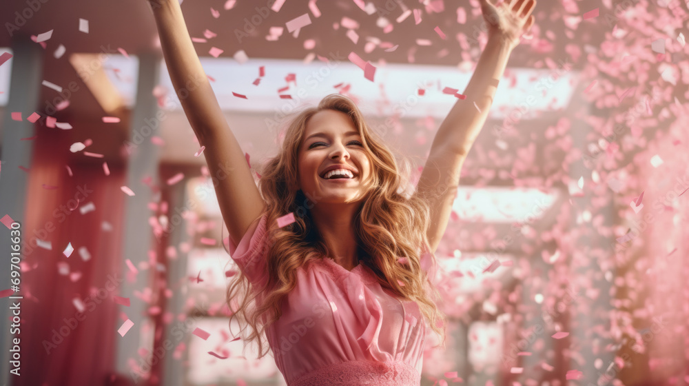 Wall mural Happy young woman wearing pink dress dancing under falling pink confetti. Breast cancer awareness.