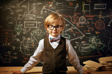 Smart little student in front of a blackboard in a classroom. Clever boy wearing eyeglasses and formal clothes.