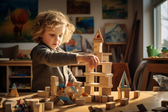 Cute toddler playing with wooden blocks. Small child having fun with toys. Kid spending time in a cozy living room at home.
