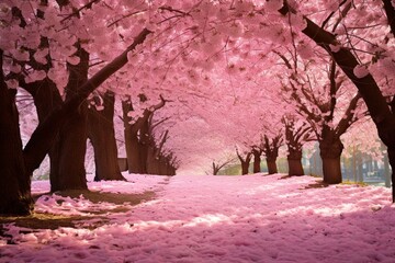 : A field of cherry blossoms in full bloom, creating a breathtaking pink and white blanket