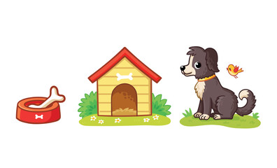 Set of cute dog character, dog house, bone, bowl. Pet animal and their homes, favorite food in cartoon style.