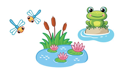 Set of cute frog character, pond, dragonflies. Wild animal and their homes, favorite food in cartoon style. - 697018021