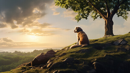 Dog on a hill next to a tree AI Generated illustration