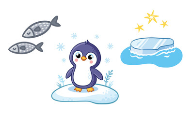 Set of cute penguin character, ice floe, fish. Wild animal and their homes, favorite food in cartoon style. - 697018050