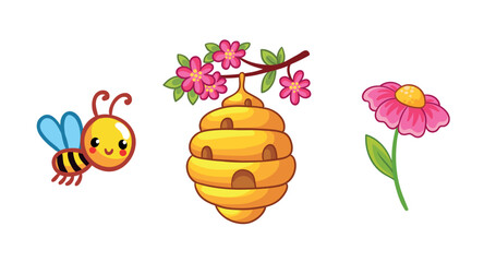 Set of cute bee character, hive, flower, nectar. Insects and their homes, favorite food in cartoon style. - 697018231