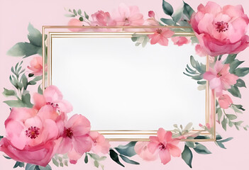 Elegant floral frame with pink watercolor flowers and green leaves on a pastel background, perfect for wedding invitations or greeting cards. - obrazy, fototapety, plakaty