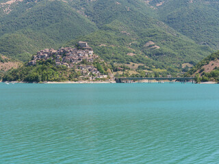 Overview of Lake Turano and the village of Castel di Tora, Rieti, Italy - 697018662
