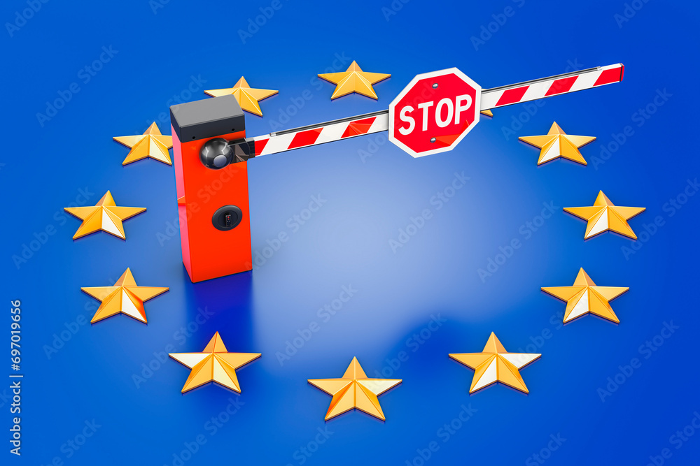 Poster closed barrier gate with the eu flag. customs and border protection concept. 3d rendering