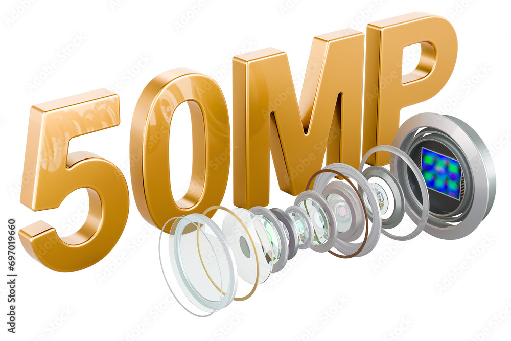 Poster 50 mp camera for smartphone. disassembled smartphone camera, structure. 3d rendering isolated on tra