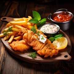 Tasty fish and chips on a plate on wooden table