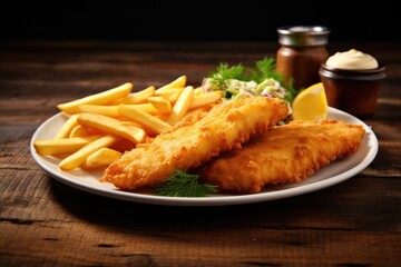 Tasty fish and chips on a plate on wooden table