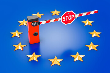 Closed barrier gate with the EU flag. Customs and border protection concept. 3D rendering