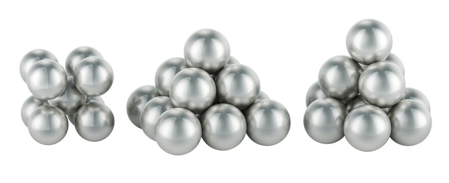 BCC, FCC, HCP atoms package crystal lattices structures. Close-packing of equal spheres illustration. 3D rendering isolated on transparent background